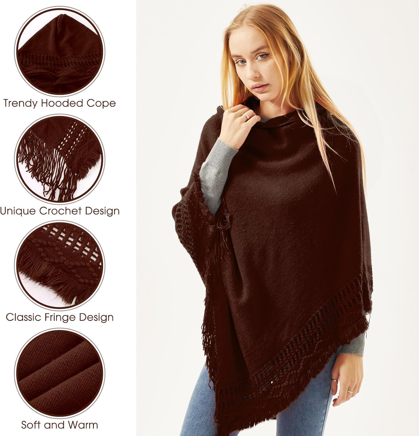 Liitrsh Shawl Poncho Sweaters for Women Knitted Hooded Cape with Fringed Hem Crochet Poncho Pullover Sweaters - Image 2