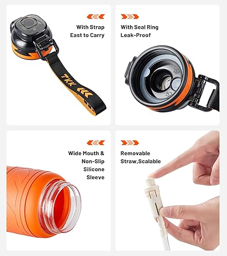 Miniatura 4 de TKK Botellas de agua deportivas con popote extraíble de 34 onzas, tapa superior abatible a prueba de fugas, sin BPA, botellas de Tritan con correa