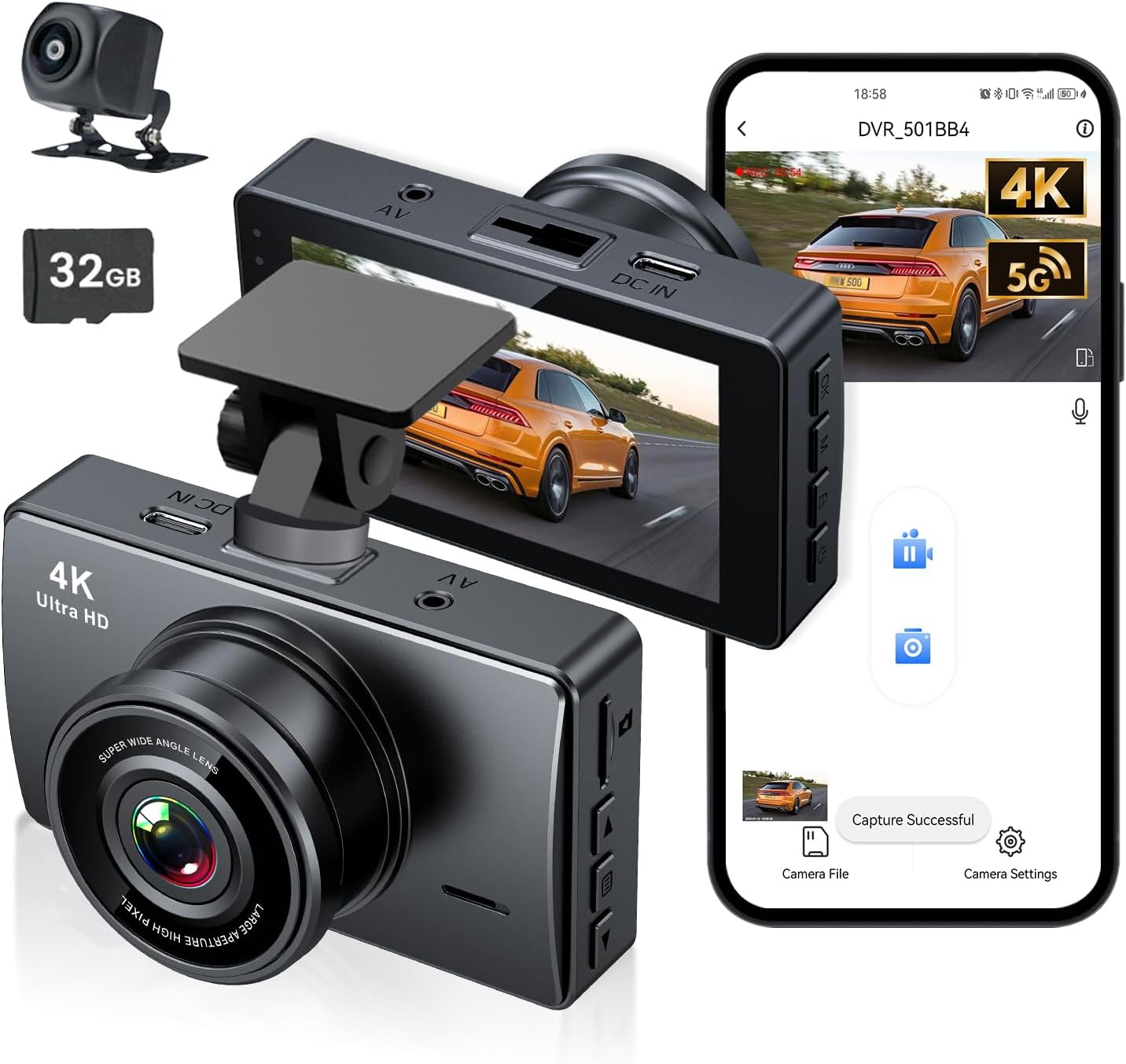 Dash Cam Front and Rear, Dash Camera for Cars 4K+1080, Dashcam Built-in WiFi, APP Control, 32GB Card Included, 3" IPS Touch Screen, 24H Parking Monitor, Night Vision, G-Sensor Central Lens