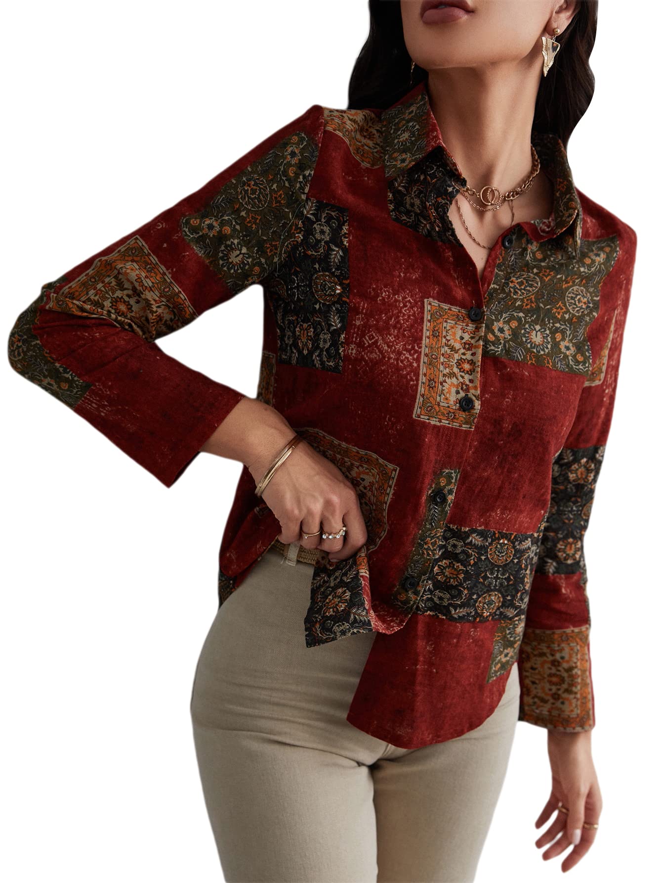 Shein Womens Casual Long Sleeve Collar Button Down Shirt Top