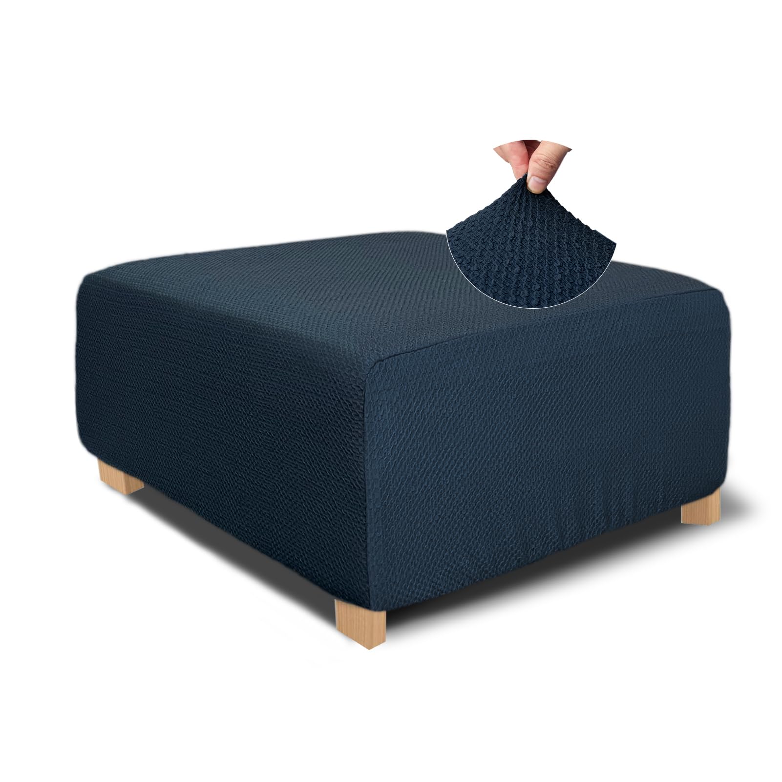 Funda otomana rectangular azul marino en tela jacquard elástica y gruesa