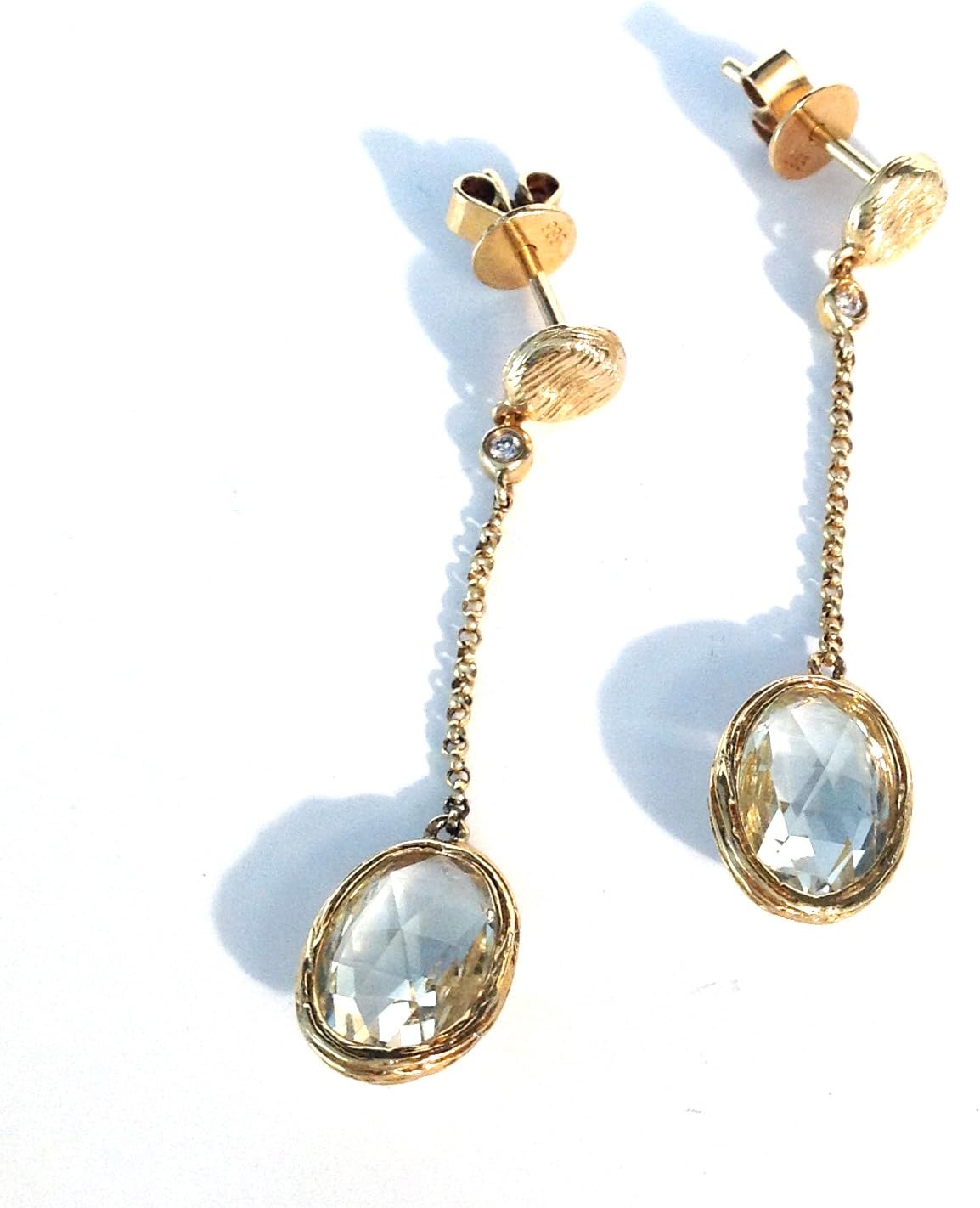 3.22 TCW Light-Green Amethyst & Diamond Dangle Earrings 14k Brushed Yellow Gold