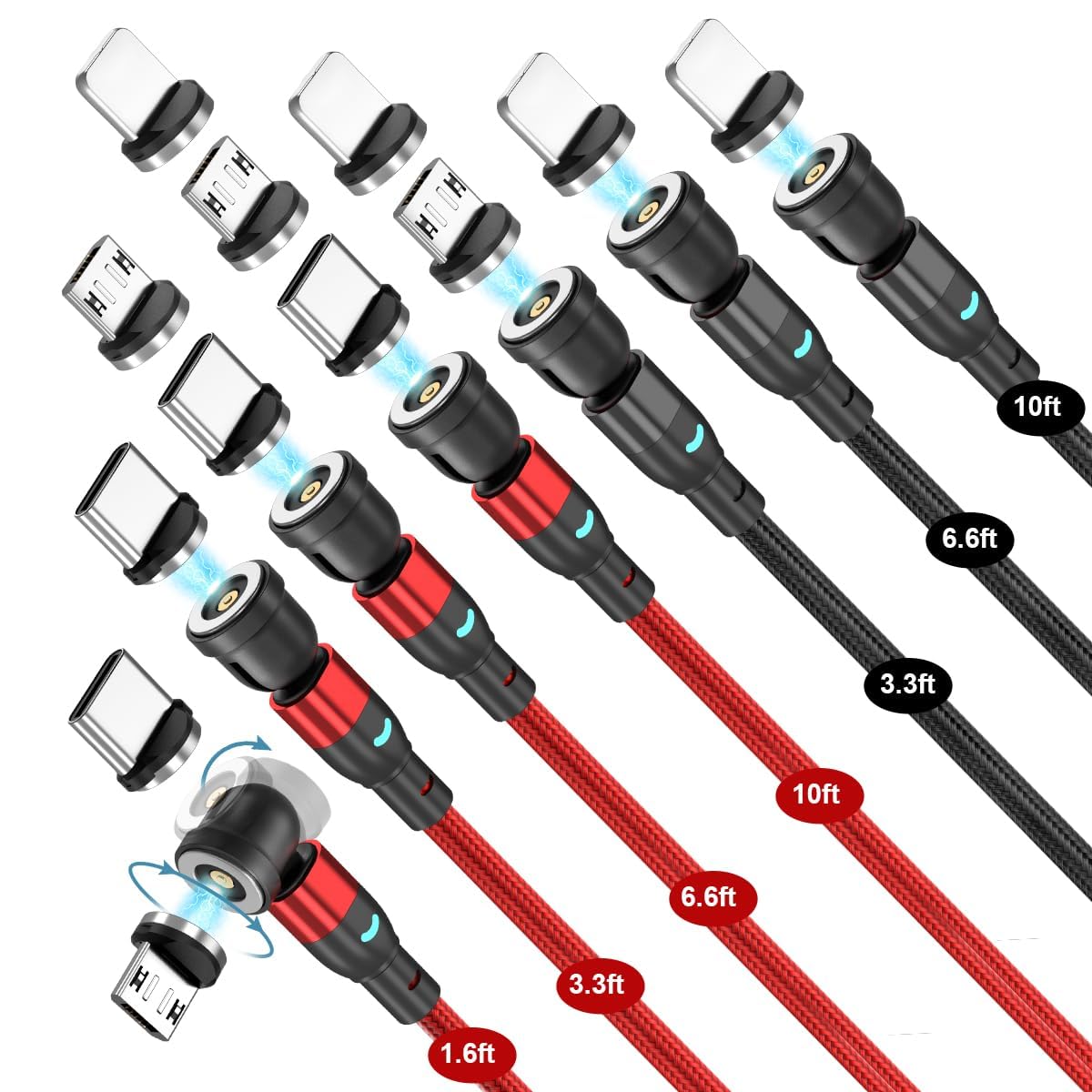Magnetic Charging Cable 540° Rotation（7-Pack, 1.6ft/3.3ft/3.3ft/6.6ft/6.6ft/10ft/10ft) Nylon Braided Magnet USB C Cable, 3 in 1 Magnetic Phone Charger