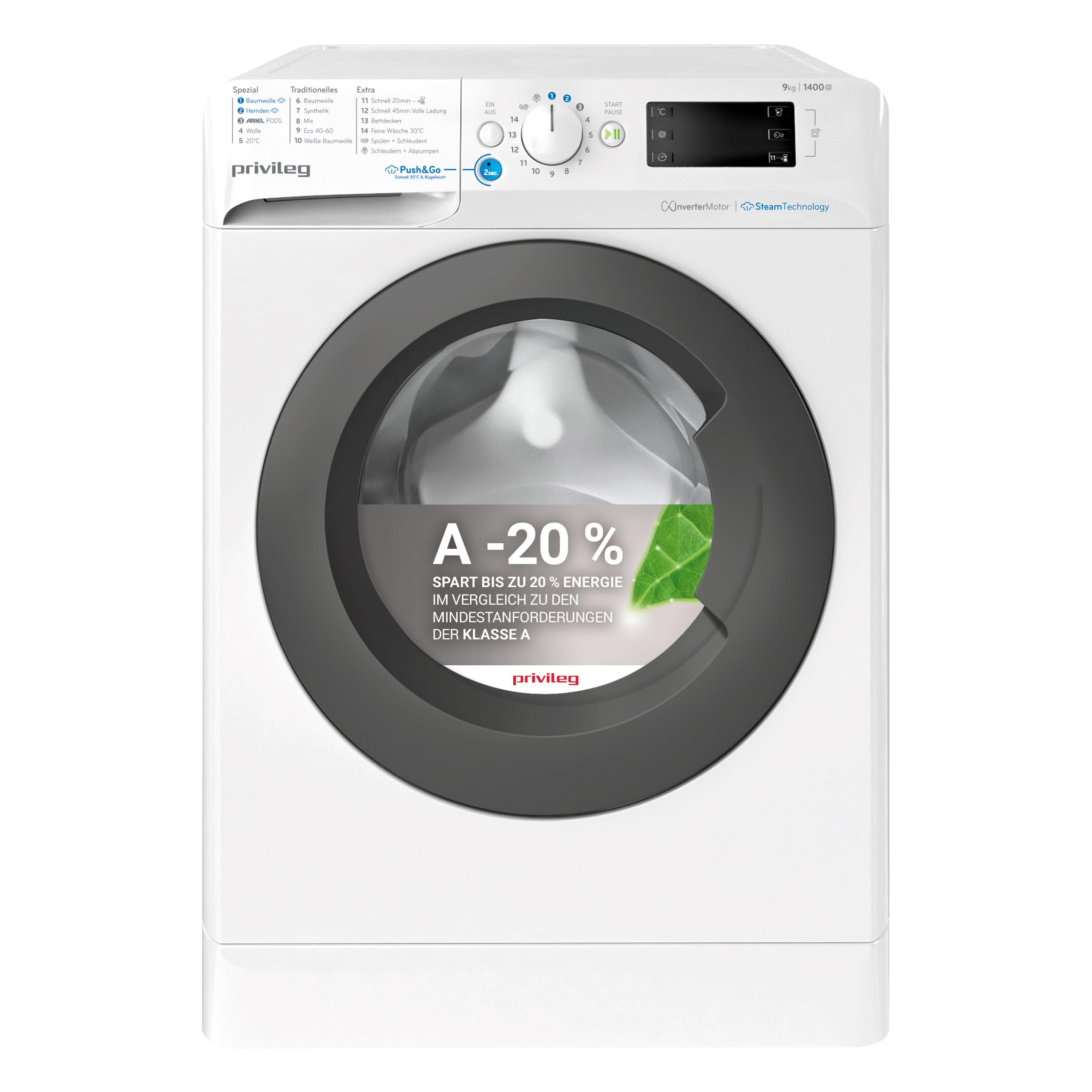 Privileg PWFV X 953 AA Waschmaschine-Frontlader/9 kg/Water Balance Plus/Dynamic Inverter-Motor/Mehrfachwasserschutz+/ Kurz 45'/ Express 30'/ Antiflecken-Option