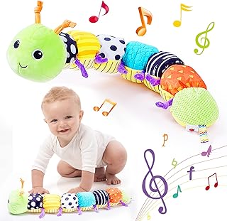 Infant Baby Musical Stuffed Animal Activity Soft Toys, Green Caterpillar with Multi-Sensory Crinkle, Rattle and Textures, for Tummy Time Newborn 0-3-6-9-12 Months Boy Girls.