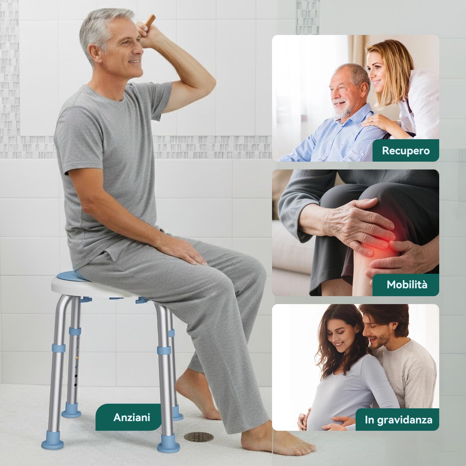 LC01 Sedia da Doccia Girevole 360° Regolabile in Altezza – Sgabello Doccia Antiscivolo in Alluminio con Sedile Rotante, Leggero per Anziani e Persone con Mobilità Ridotta