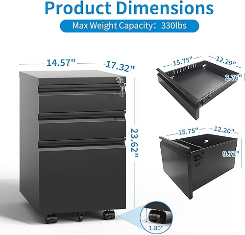 Miniatura 2 de EKJ Archivador móvil de 3 cajones, archivadores de metal negro para debajo del escritorio con ruedas, archivador vertical delgado para oficina en