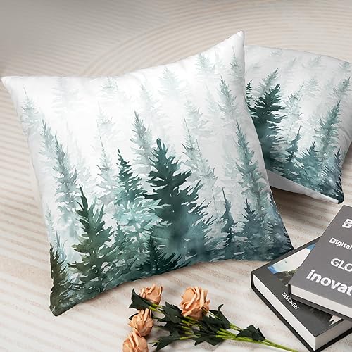 Miniatura 7 de Juego de 2 fundas de almohada de árboles verdes acuarela de 18 x 18 pulgadas, fundas de almohada de invierno verde oscuro con temática de