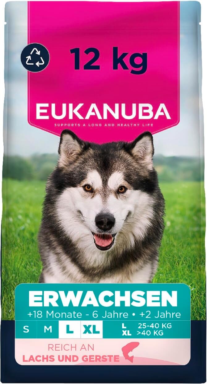 Eukanuba Trockenfutter für Hunde mit Lachs und Gerste für große Rassen – Premium-Trockenfutter für ausgewachsene Hunde, 12 kg