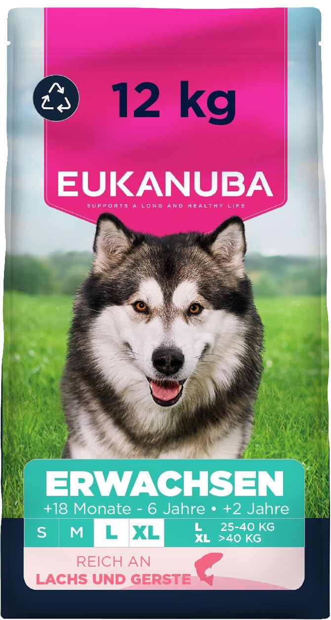 Eukanuba Hundefutter Trocken mit Lachs und Gerste für große Rassen - Premium Trockenfutter für ausgewachsene Hunde, 12 kg
