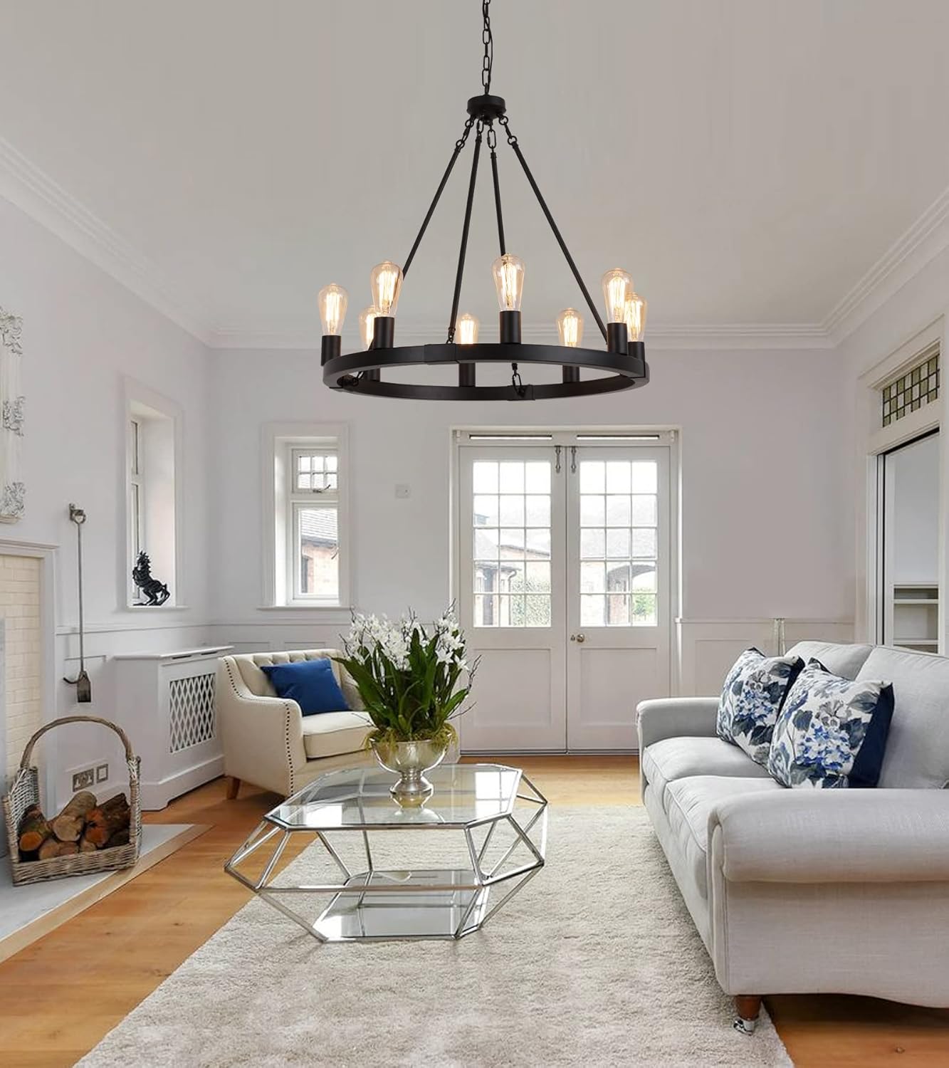 AMZASA Farmhouse 8-Lights Black Industrial Wagon Wheel Chandelier Light Fixture for Foyer Dining Room Kitchen Living Room Entryway Dia27 Inches UL Listed