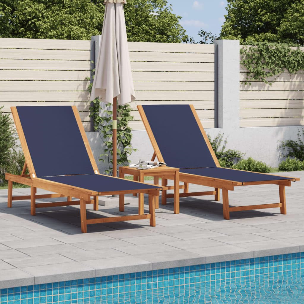 Conjunto de 2 tumbonas genéricas con mesa auxiliar de madera acacia | Respaldo de 5 posiciones ajustables, tejido textil resistente, carga máxima 110 kg, para piscina, jardín, terraza