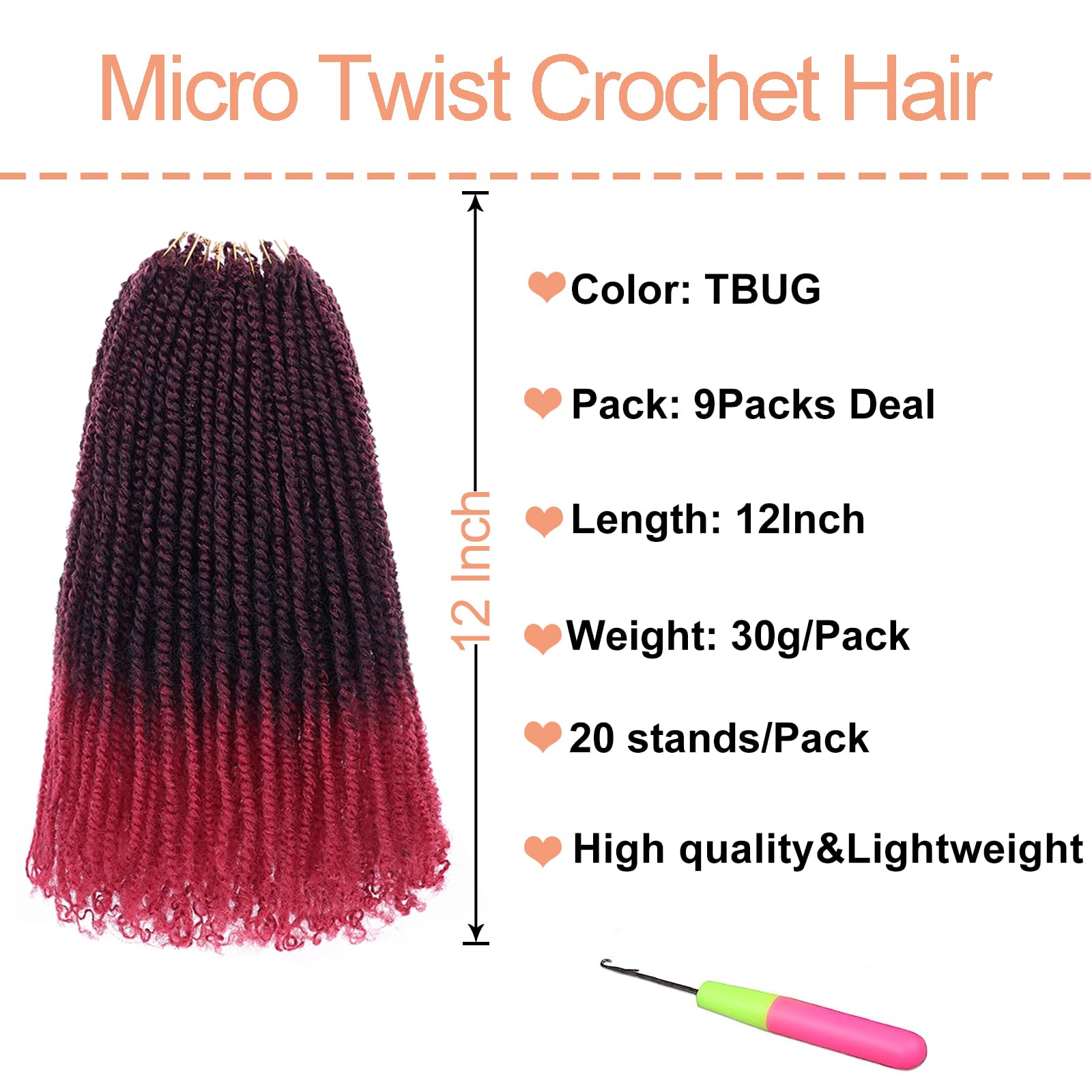 Mscat 12 Inch 9 Packs Micro Twist Crochet Hair Bob Braids Pre-Looped Ombre Burgundy Mini Passion Twist Senegalese Extensions - Image 2