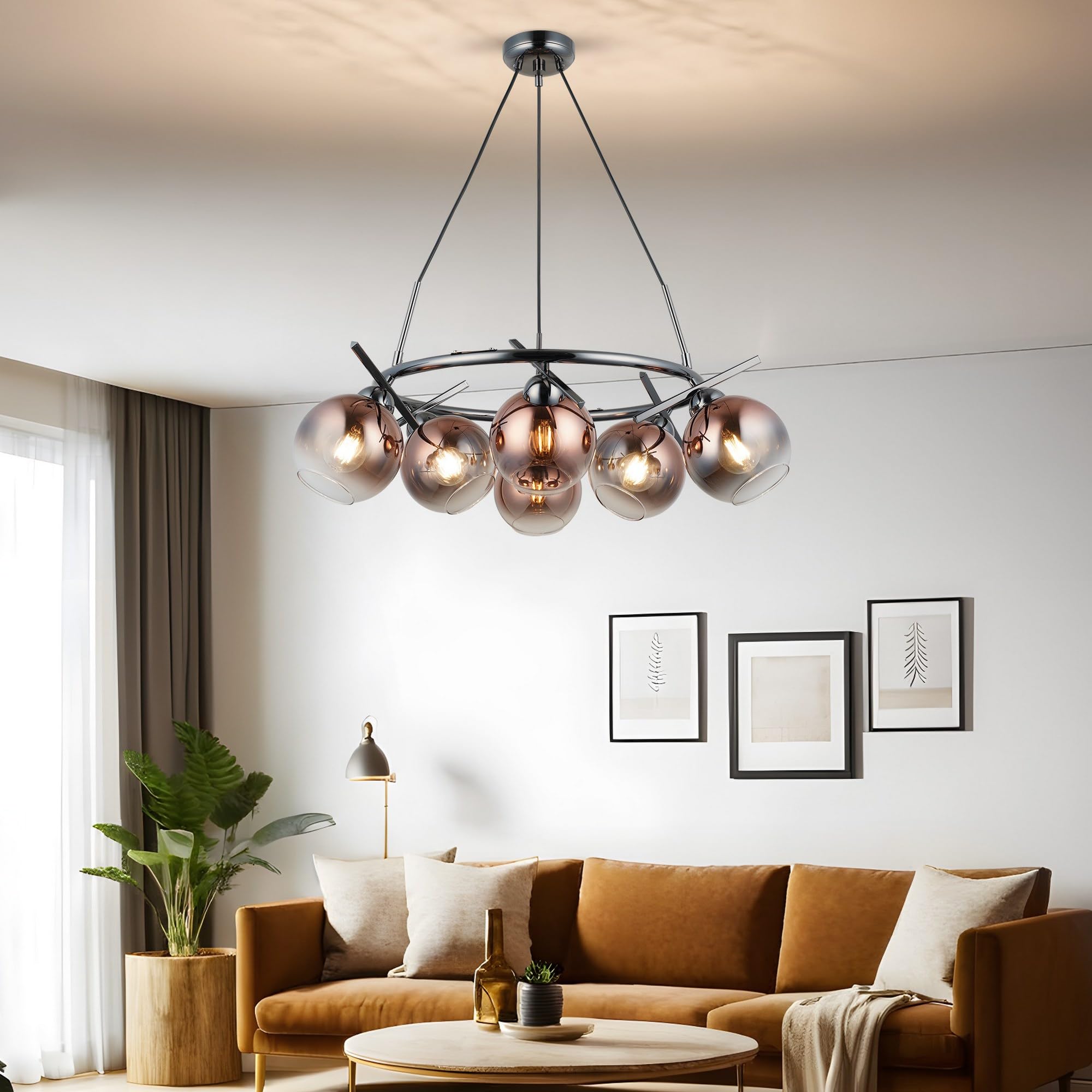 Opviq Chandelier de metal cobalto, altura ajustable 60-128 cm, diámetro de 15 tapa de cristal, 6 x casquillo E27, diseño elegante para espacios modernos, IP20 Rated, Bulb Not Included