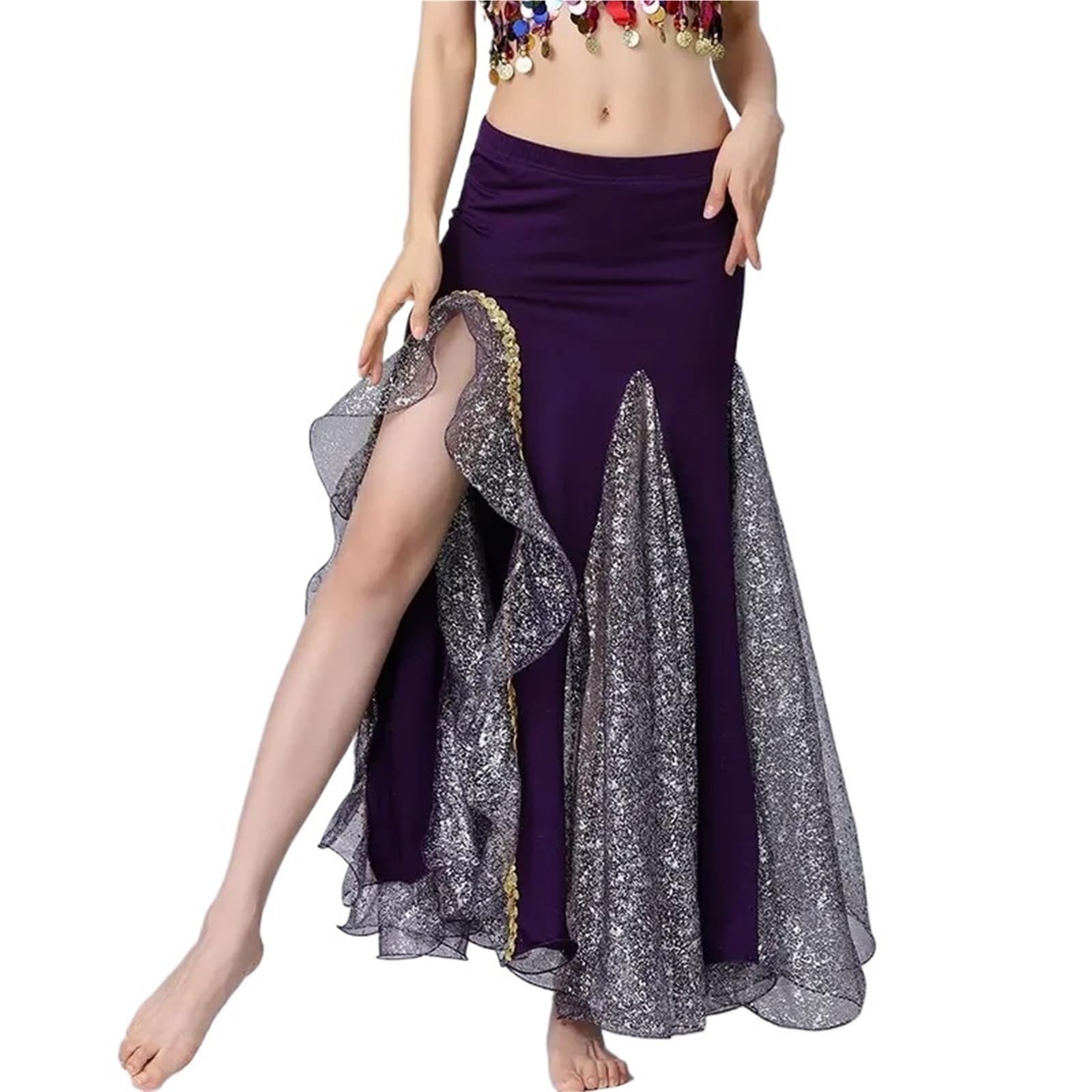 TRRYUIP Belly Dance Skirt Women Sparkly Spilt Belly Dance Skirt Lady Ballroom Long Performance Stage Costume Oriental Dancing Practice Dress(Purple)