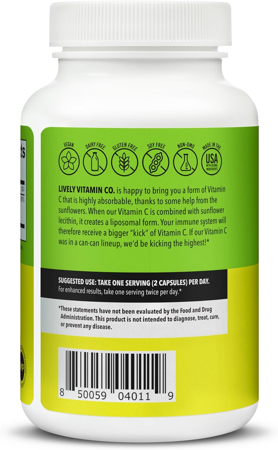 LIVELY VITAMIN CO. Citrus Kick - Immune Function - Improved Immunity for Cold Flu Illness & Sickness - Liposomal Vitamin C - Sunflower Lecithin - Highly Absorbable - Collagen Synthesis - 120 Capsules