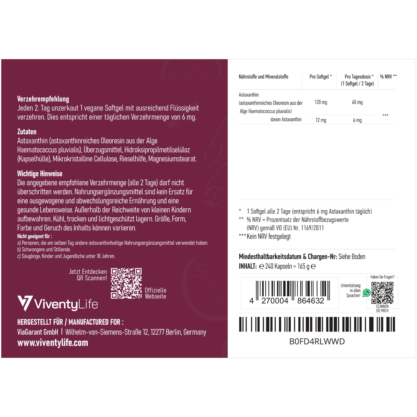 Astaxanthin Hochdosiert 12mg pro Softgel Kapseln, 16 Monate Vorrat, Premium Astaxanthin aus der Blutregenalge (Haematococcus pluvialis) - 240 Kapseln