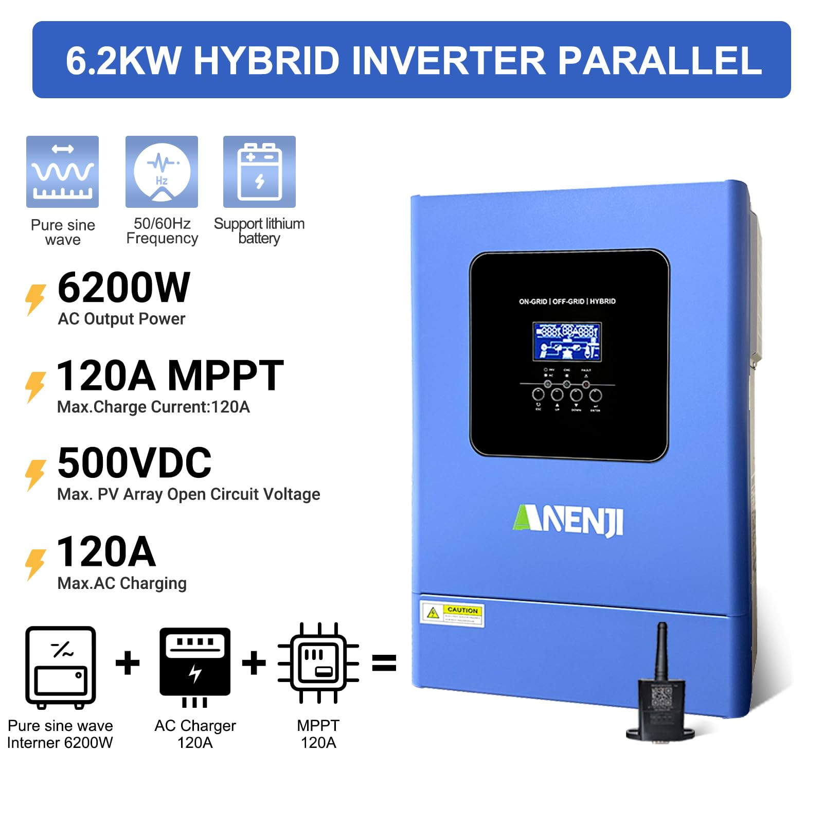 Inverter solare ibrido da 6200 W, singola fase e tree, 48 VDC a 230 VAC, inverter sinusoidale puro fino a 12 dispositivi in parallelo, può alimentare l'alimentazione nella rete, con modulo