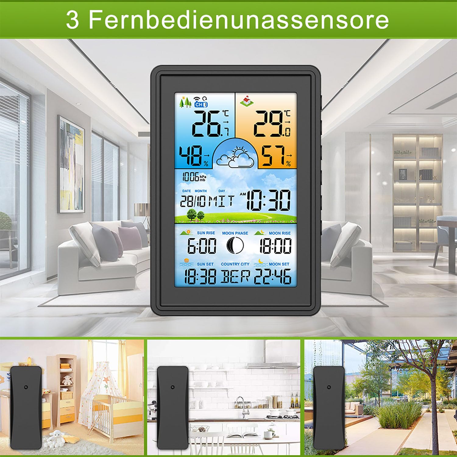 Termometro E Igrometro con Schermo a Colori, Misuratore di Temperatura E Monitor di umidità con Sensore Esterno, Retroilluminazione Bianca Calda, Previsioni Meteo E Sveglia per Casa, Ufficio