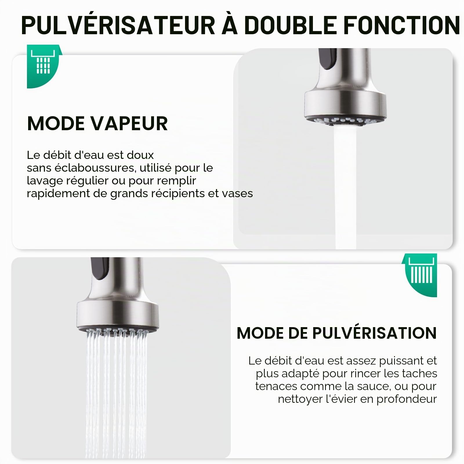CREA Robinet Évier de Cuisine à 3 Voies avec Douchette Extractible et Rétractab, Mitigeur Monocommande Monotrou avec Systèmes Filtre à eau et d'Osmose, brossé