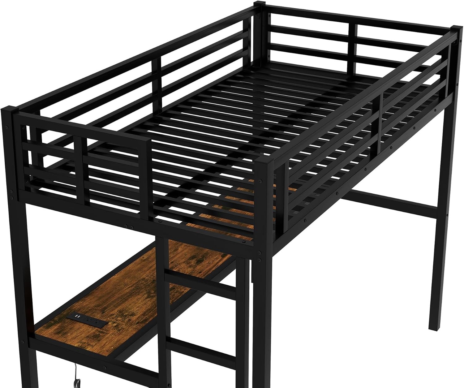 Twin XL Metal Loft Bed with Built-in Desk USB Charging Station and LED Light High Loft Bed Frame with Guardrails for Teens and College Students Black