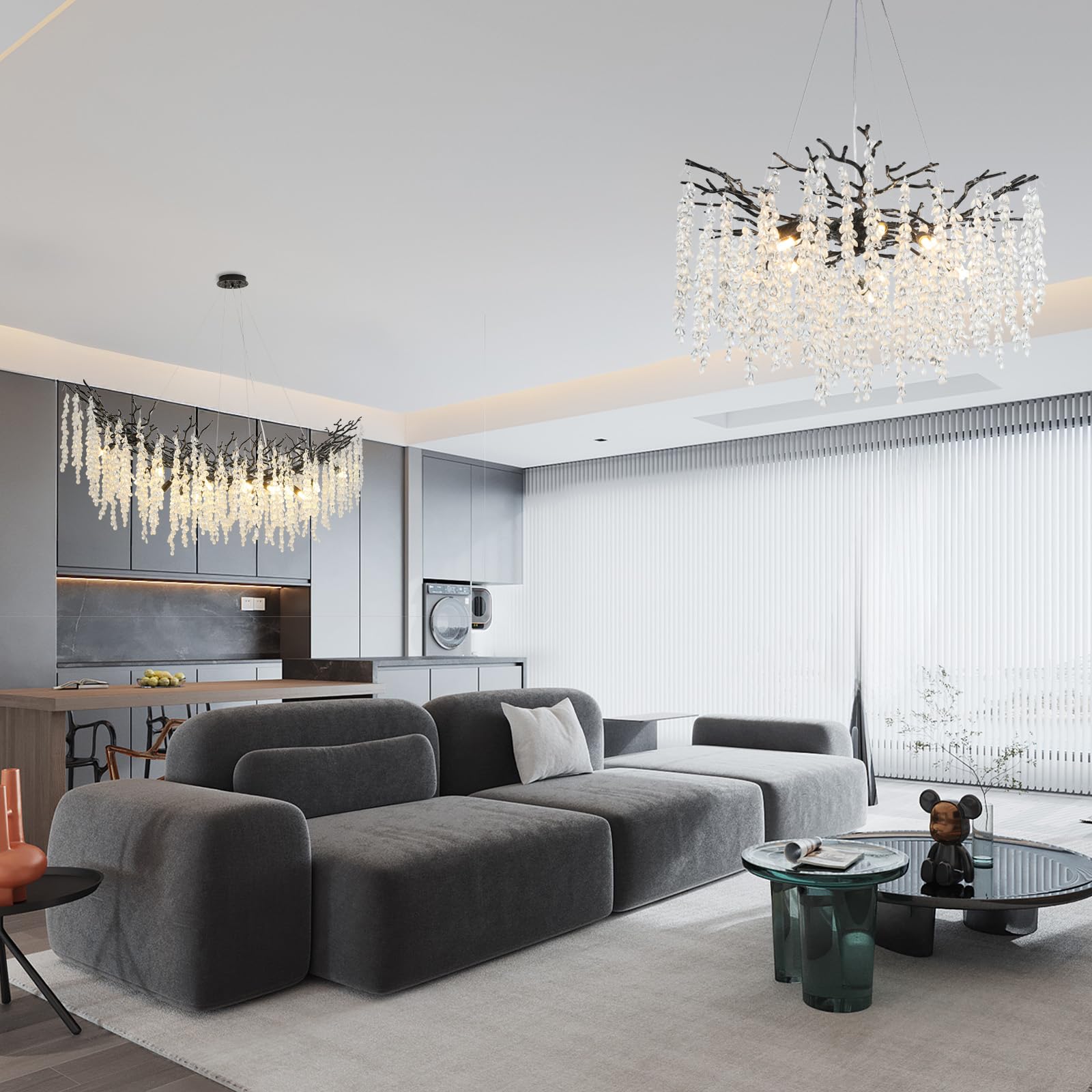 YIOSIModern Crystal Chandeliers for Dining Room, Black Ceiling Pendant Flower Hanging Lighting Embossed Tree Branch Chandelier Light Fixture for Living Room, Bedroom, Entryway