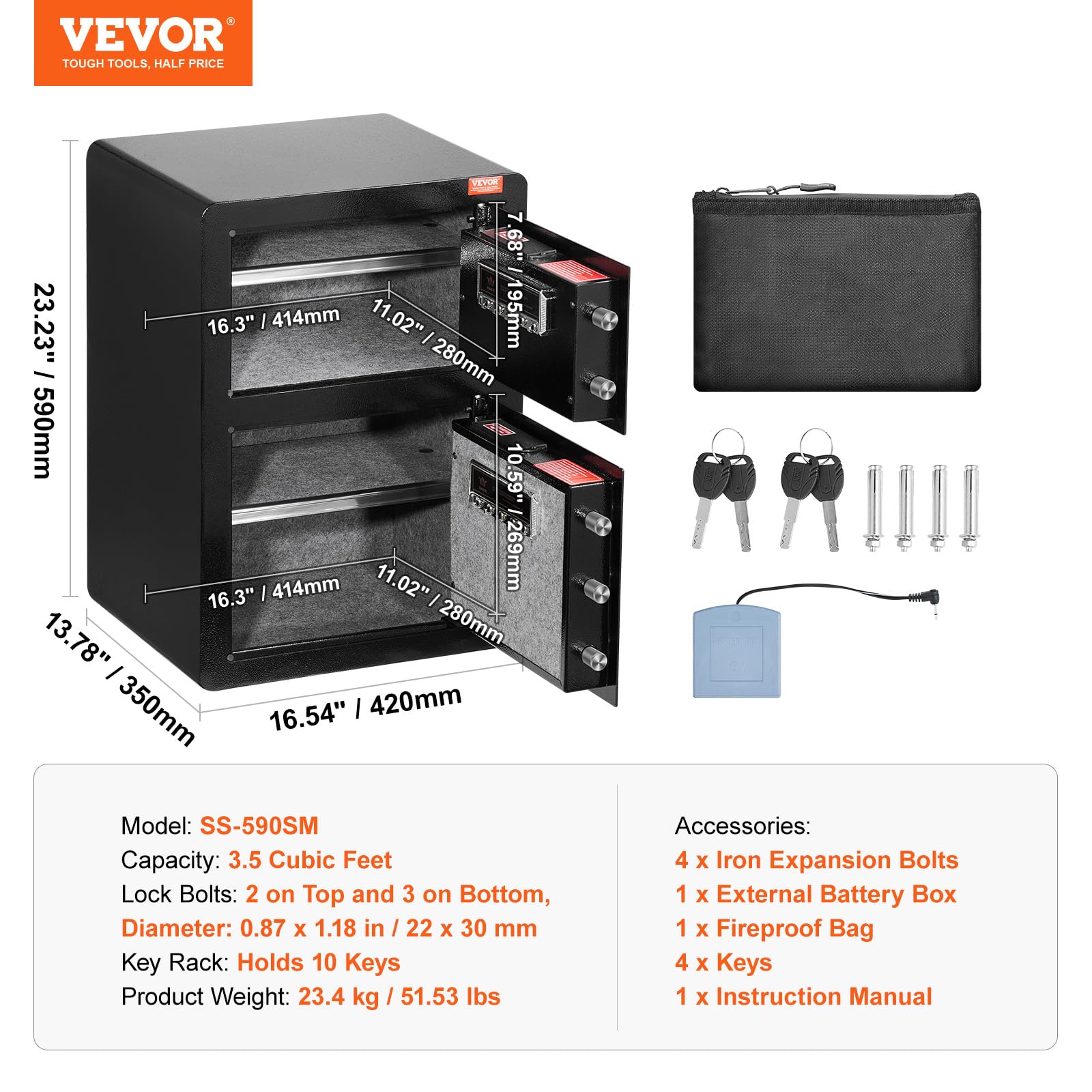 VEVOR Caja Fuerte de 99,1 L con Puertas Dobles, Cerradura con Llave y Contraseña, Bolsa Ignífuga, Estante para Llaves, Luz LED y 2 Divisores Ajustables y Extraíbles para Dinero, Documentos, Negro