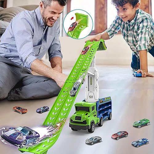 Miniatura 5 de Juguetes de camión para niños pequeños, camiones transportadores de automóviles para niños de 3 a 5 4 a 8 años, juegos de pista de autos plegables
