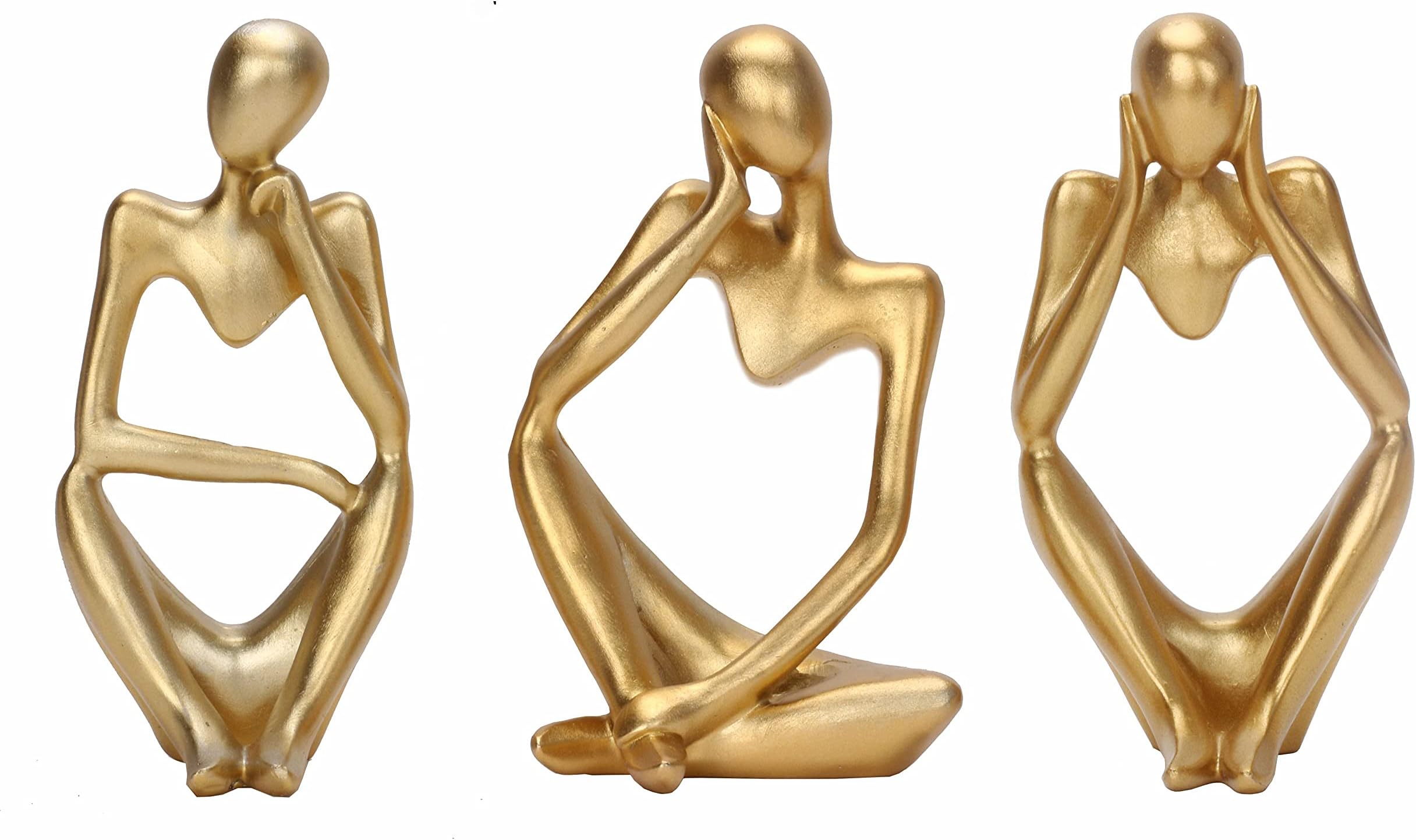 3-Piece Thinker Statue - Gold Resin Abstract Sculpture for Home Office Desk, Living Room Decor Collection