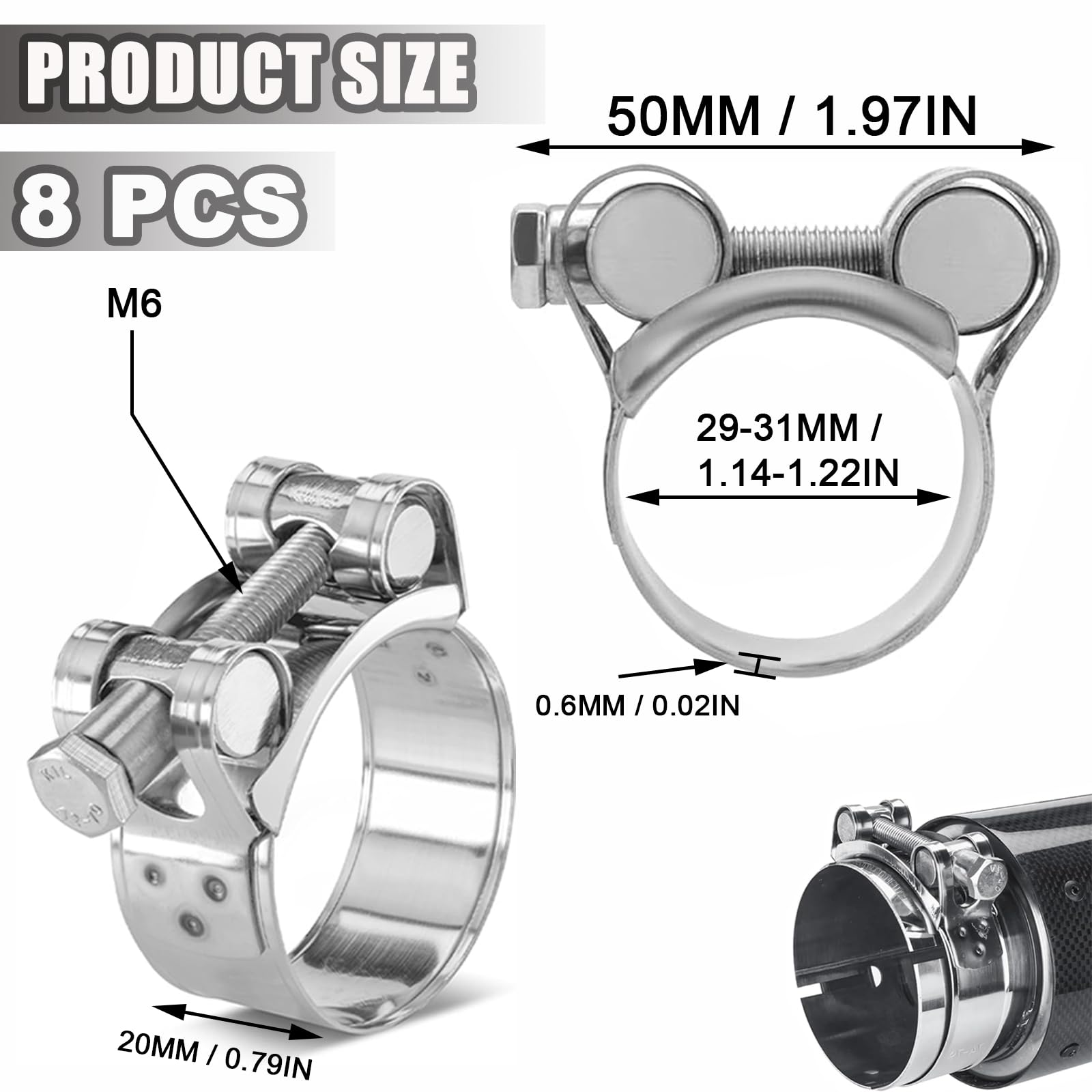 Lxoraziy T-Bolt Hose Clamps 8PCS 29-31mm Heavy Duty Stainless Steel Adjustable Exhaust Clamp for Car Motorcycle Turbo Hose Radiator Pipes - Image 2