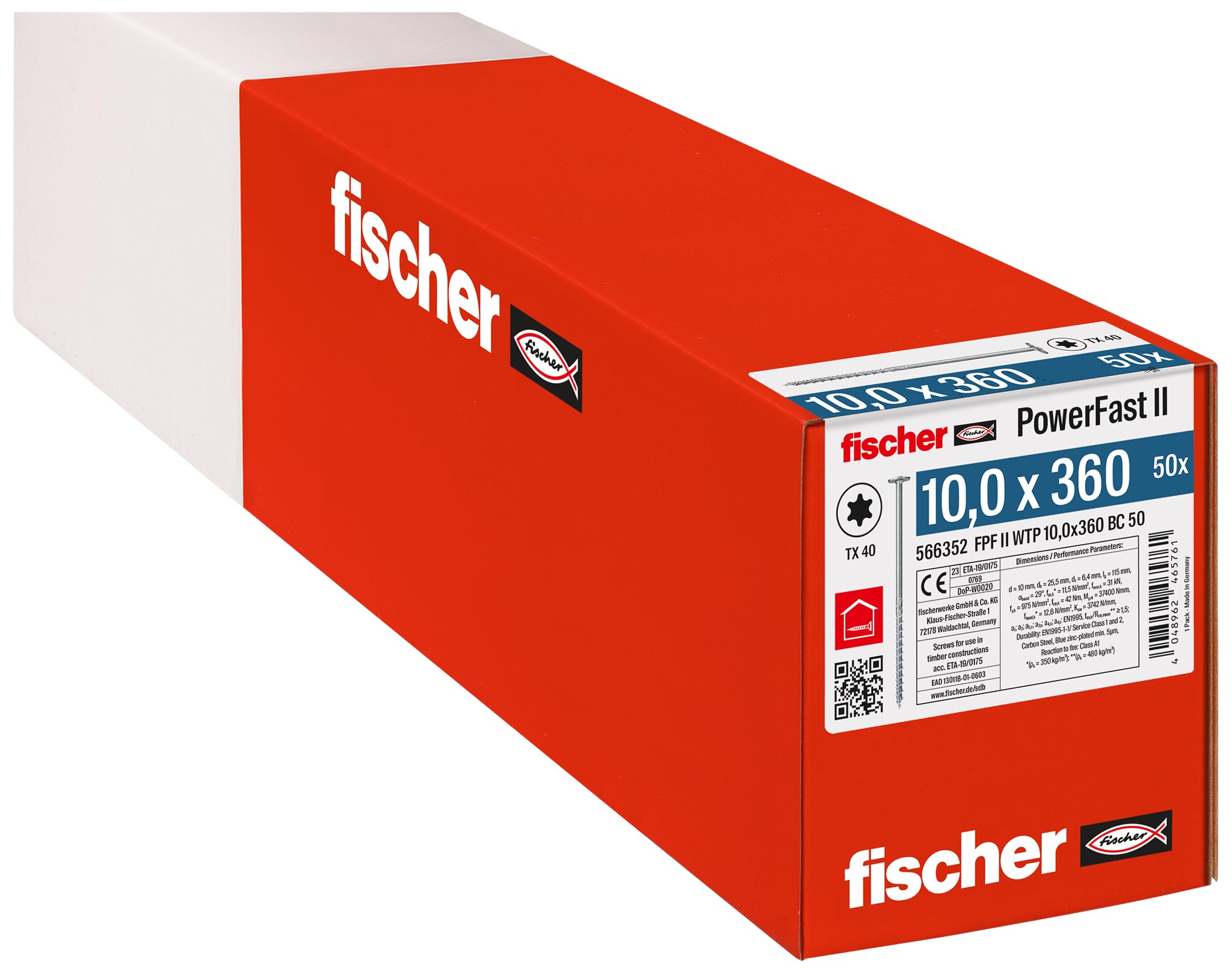 fischer PowerFast II WTP 10,0 x 360 - Tornillo potente para construcción de madera con cabeza de plato, alojamiento de estrella interior y rosca parcial, 50 unidades
