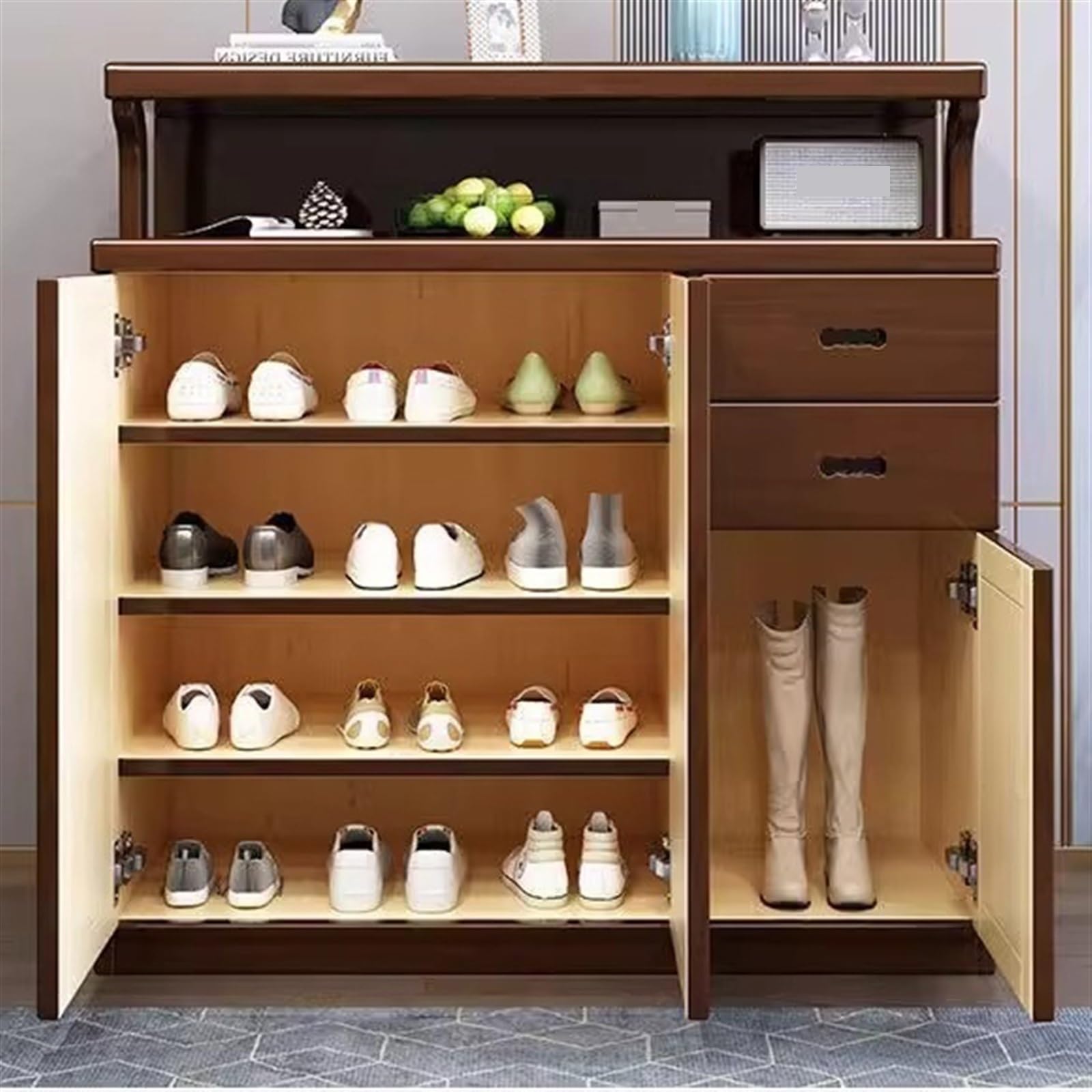 Zapatero de Entrada Gabinete de entrada de madera, gabinete de almacenamiento de gran capacidad de madera de caucho, tres puertas y dos cajones, zapatero de almacenamiento Simple Organizador de Zapato