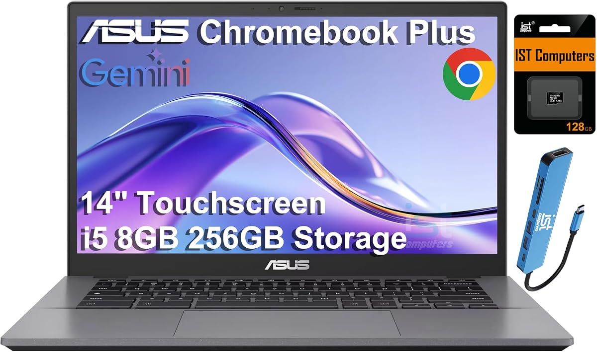 ASUS Chromebook Plus CX34, pantalla táctil de 14", Intel i5-1335U, 8 GB de RAM, 256 GB | (128 GB de almacenamiento + tarjeta SD de 128 GB), 10 núcleos, computadora portátil para empresas, estudiantes, cámara web, USB C HUB, Gemini AI, Chrome OS