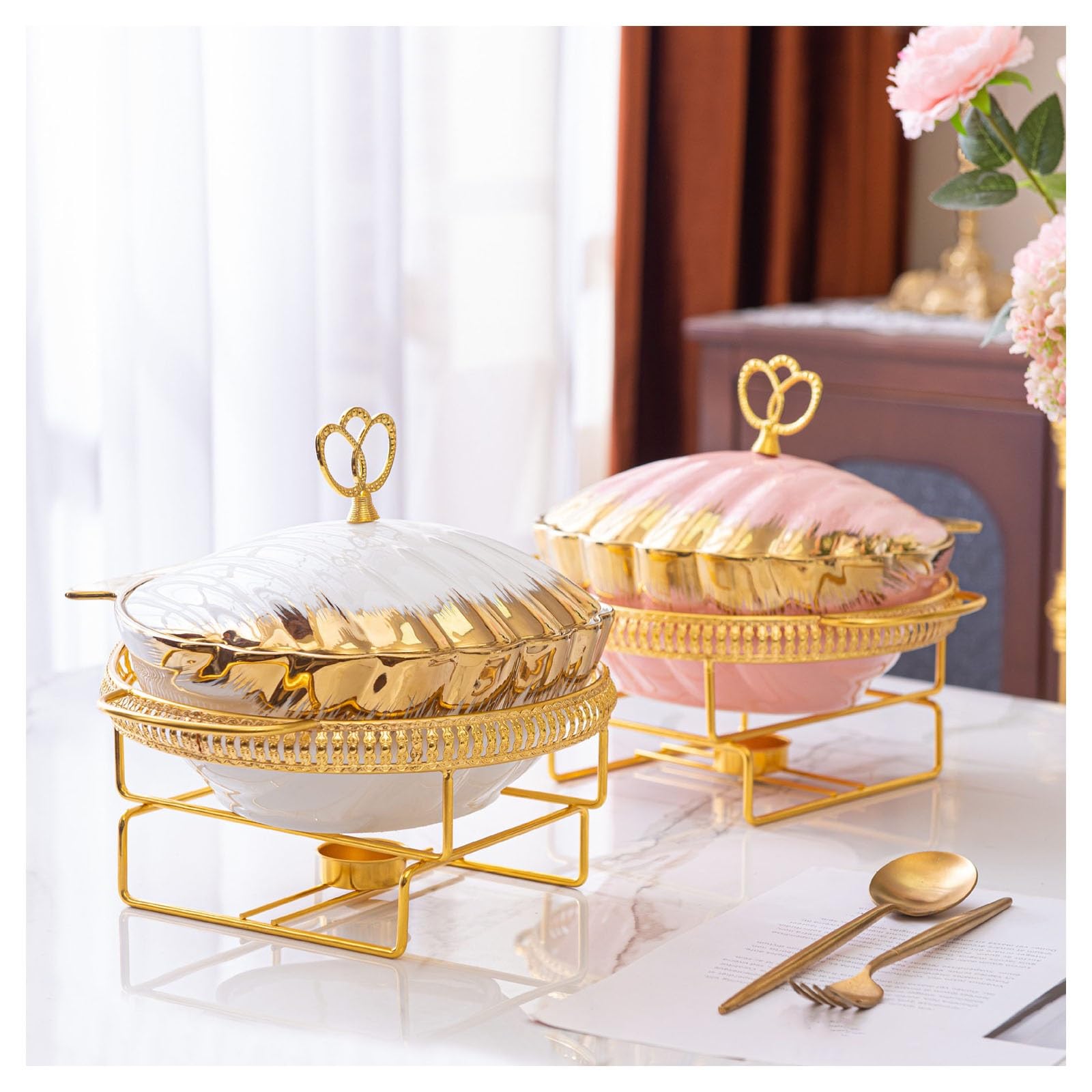 Chauffe-aliments en céramique avec couvercle, plateau chauffant pour événements de restauration, idéal pour les mariages, les fêtes et les buffets, design à 3 compartiments