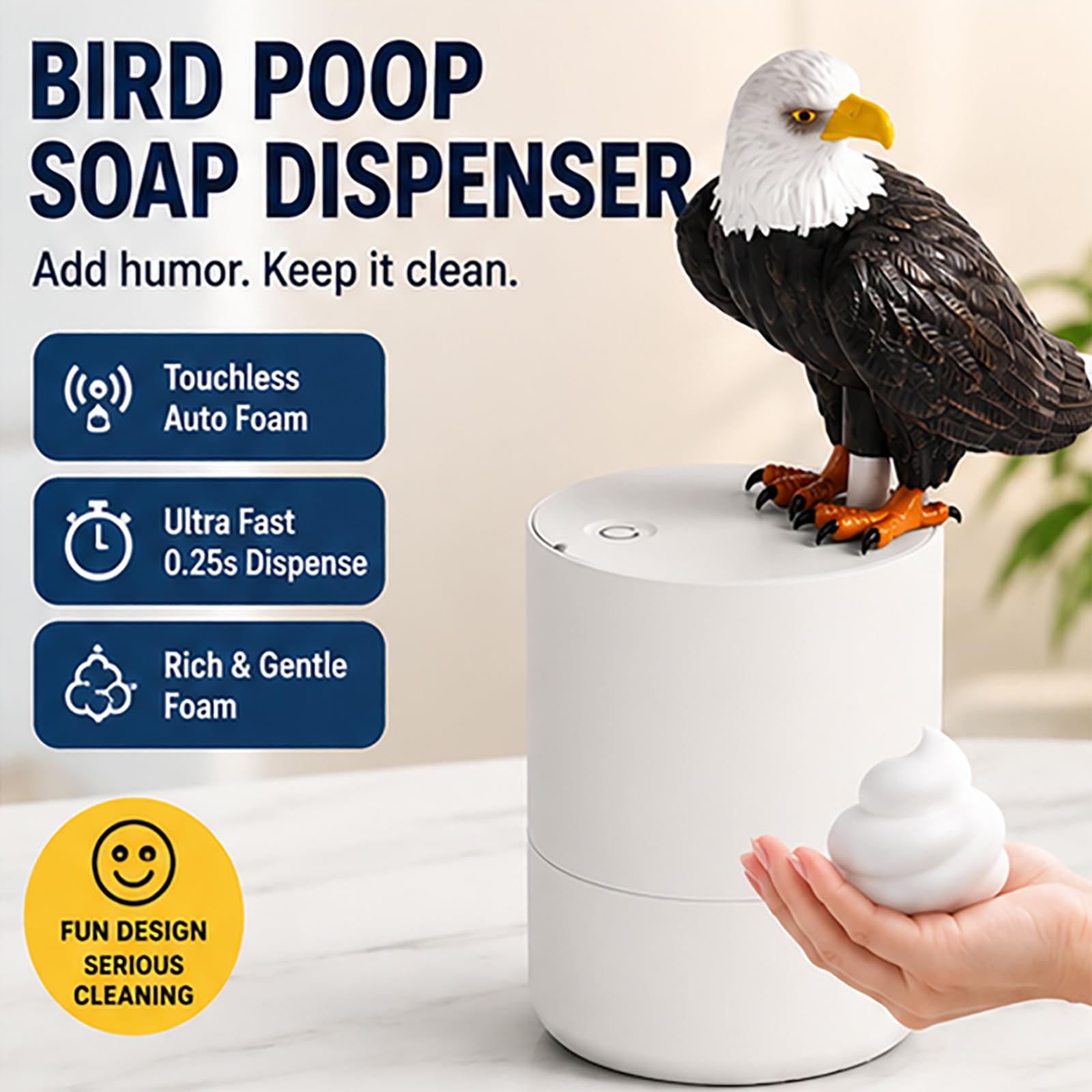 Dispenser automatico di sapone in schiuma, 300 ml, design a forma di cacca di uccello, decorazione unica per bagno e cucina, divertente regalo per la casa, facile da usare e ricaricare