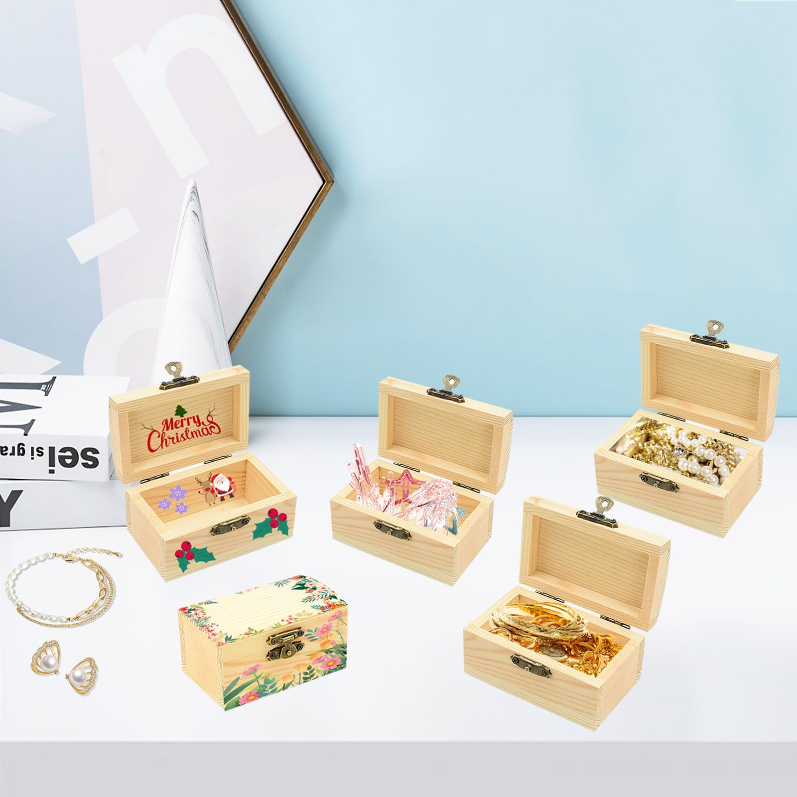 Petite Boite en Bois - 6 Mini Coffres au Trésor Non Finis avec Couvercles, Mini Cadeau Anniversaire Enfant, Boite Decorative pour Objets d'artisanat à Peindre-9 x 5,5 x 5 cm (2.6p-arch)