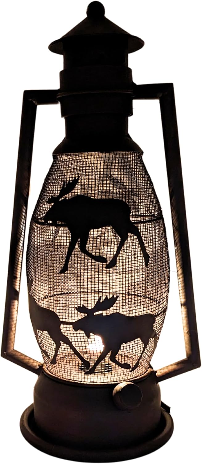 Rustic Moose Silhouette Lantern Table Lamp – Electric Plug-In Farmhouse Light for Bedroom, Living Room, or Cabin – Western Lodge Decor – Vintage Accent Lamp – Holiday or Housewarming Gift