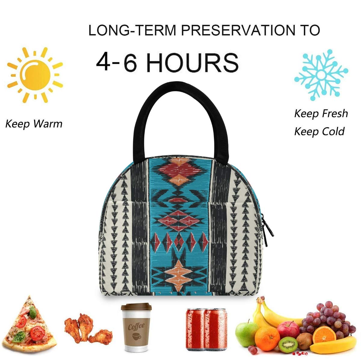 ZzWwR Wiederverwendbare Lunchtasche mit Azteken-Muster, mit Fronttasche, Reißverschluss, isoliert, Thermo-Kühltasche, für Arbeit, Picknick, Reisen, Strand, Angeln
