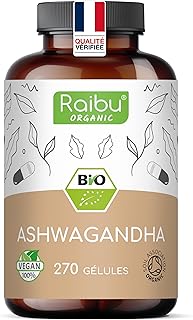 Ashwagandha BIO - 270 Gélules - Extra Fort : 2400 mg/jour - Ashwagandha Biologique Certifiée (Ginseng Indien/Withania Somnifera) - Sans Additifs, Végétalien - Pour votre Bien-être - Raibu