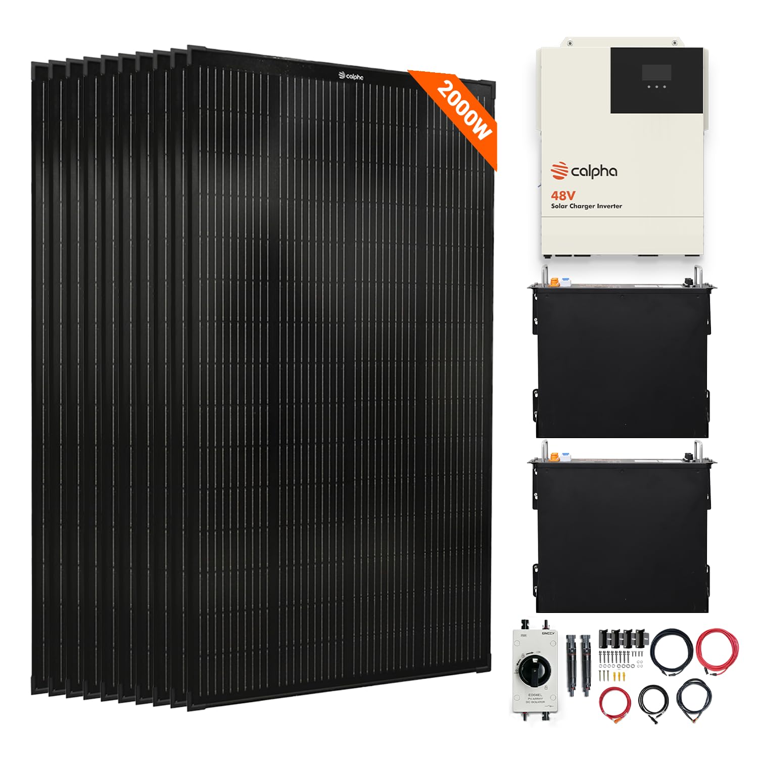 Calpha 2kW 10.24kWh Complete Solar Panel Kit : 200W*10 Rigid Panels + 2 * 51.2V 100Ah LiFePO4 Lithium Battery + 5kW Integrated Solar Power Inverter + Accessories, 48V System - Wall-Mounted