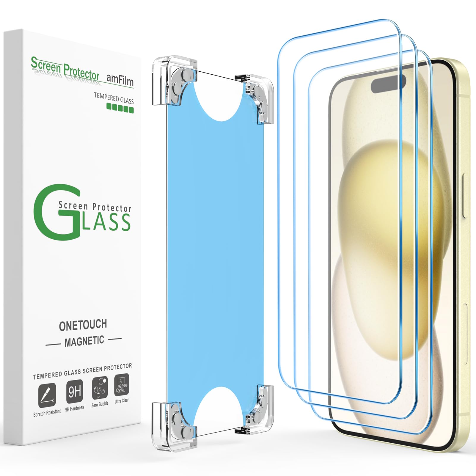 amFilm 2 Pack Magnetic OneTouch for iPhone 15 6.1" Screen Protector [Eco Friendly & Reduce Plastic] [Indestructible Ultra 9H Tempered Glass] [15 seconds Auto-Alignment & Ultra Fast Installation]