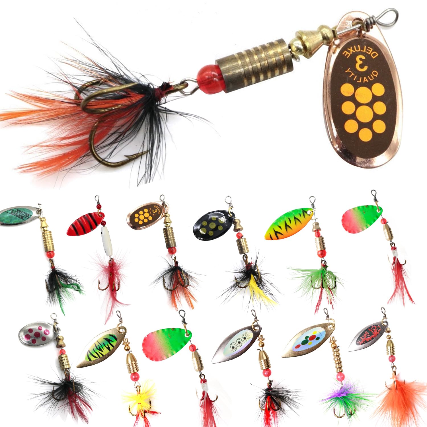 HADORAM Trout Lures Spinners with Hand-Tied Fly Strikers, Rooster Bait Tail Fishing for Salmon Pike Multi-Color Spinner Kit Smallmouth Bass for Lake River