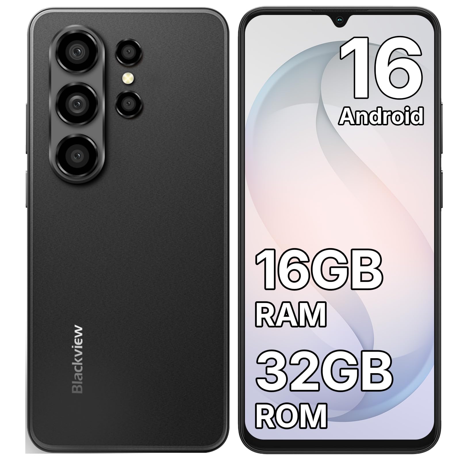 Blackview Wave 10C Telefonos Moviles Libres Android 16, 16GB+32GB, Negro | 6.88" Pantalla Smartphone, 5000mAh Batería Teléfono Móvil Barato, 32MP+13MP AI Cámara, 3.5mm/4G LTE/Dual SIM/Face ID/GPS/OTG