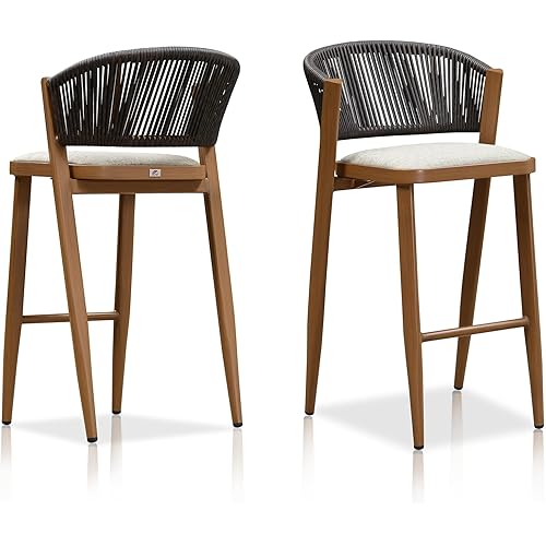 PURPLE LEAF Bar Stool Set of 2 Outdoor Bar Stool Chair with Back Aluminum Bar Height Stools Wicker Brown Barstools