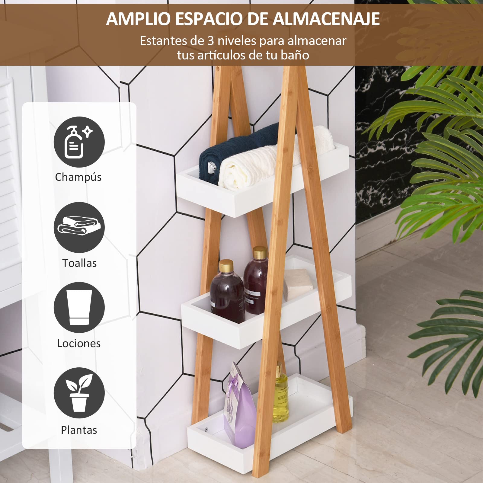 kleankin Estantería de Baño de Bambú Forma de A 30x18x81cm Natural y Blanco | 3 Estantes, Estantería de Almacenaje