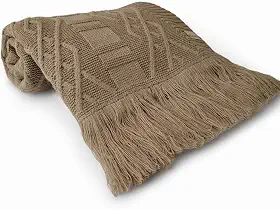 Manta de Tricô com Franjas Padrão Geométrico 150x90cm para Sofá Poltrona Sala Decoração (Bege Aramis)