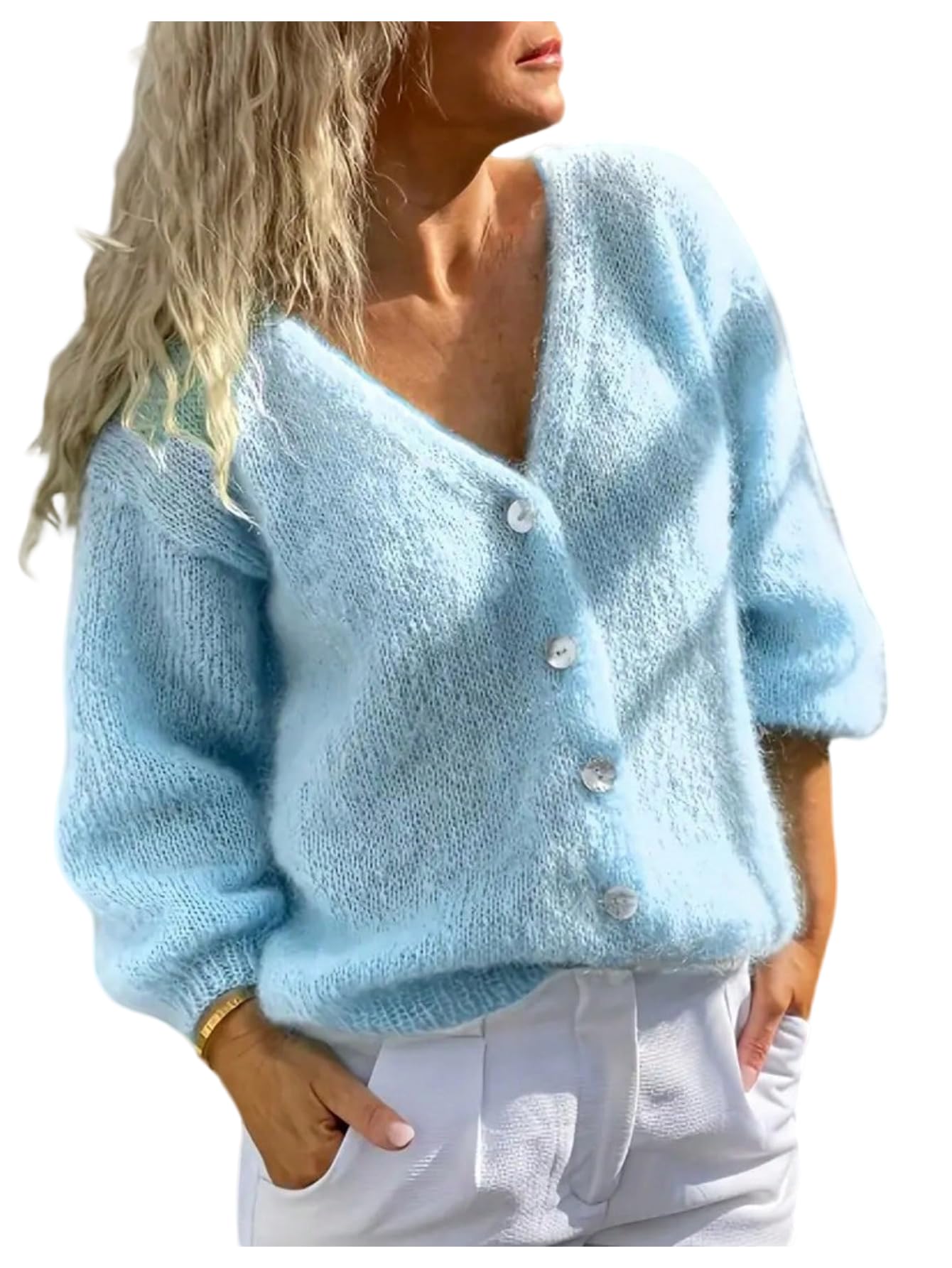 GORGLITTER Womens Fuzzy Fall Cardigans Oversized Cozy V Neck Long Sleeve Button Down Fall Knit Sweaters