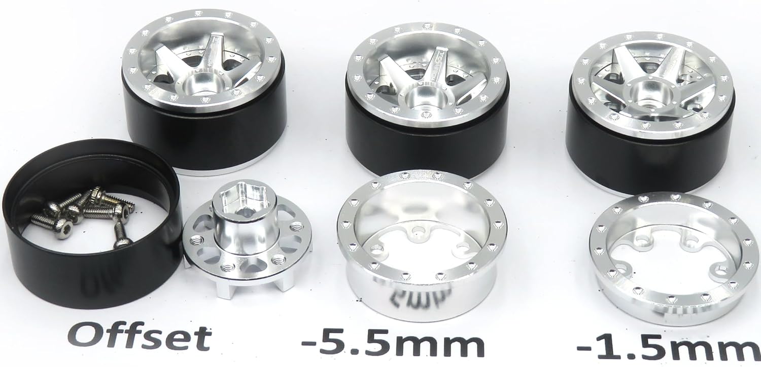 HOBBYSOUL 64mm 1.0 Tires F/R Mounted 1.0 beadlock Wheels Silver Rims Hex 7mm Negative Offsets 1.0 Wheels Tires for RC Mud Crawler 1/24 SCX24 FCX24 AX24 1/18 TRX4M