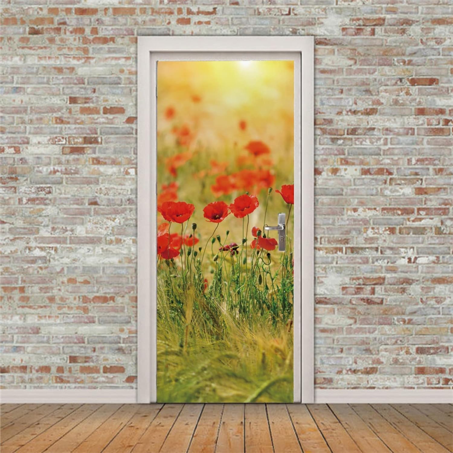 Sticker Porte Fleur de Pavot, Stickers Porte Trompe L'oeil Fleurs Autocollant Poster Auto-Adhésif Art Décor Pour Chambre Salon Salle de Bain Papier Peint 95x215 cm 799z