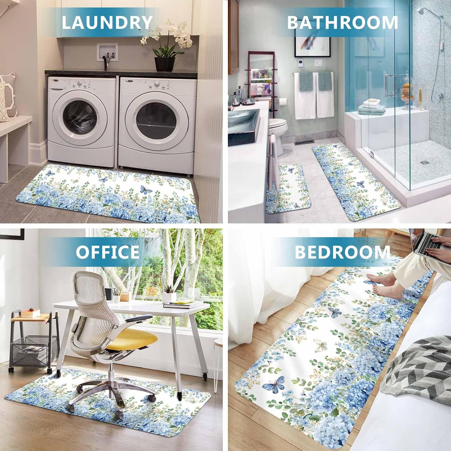 Prime Leader Blue Hydrangea Kitchen Mat Set 2 Pieces Rustic Summer Blue Floral Butterfly Non Slip Kitchen Rugs Washable Runner Rug Mats for Sink Laundry (19.7" x 31.5"+19.7" x 63")